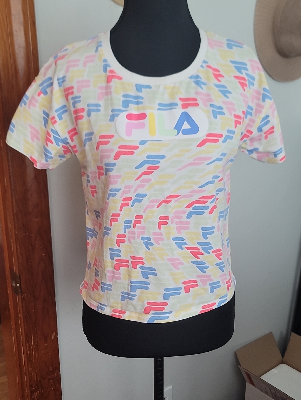 Fila Women's Cropped White Tee with Pink, Blue, Yellow Multicolor Logo Print